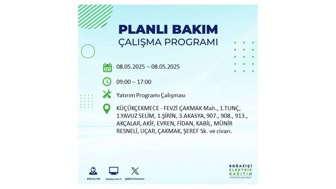 BÜYÜK ELEKTRİK KESİNTİSİ YAŞANACAK: 8 Mayıs Perşembe İstanbul elektrik kesintisi. BEDAŞ o ilçeleri uyardı! 27