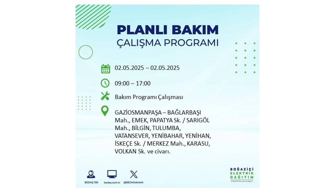 SAATLERCE ELEKTRİK OLMAYACAK: 2 Mayıs Cuma İstanbul elektrik kesintisi. BEDAŞ o ilçeleri sıraladı 21