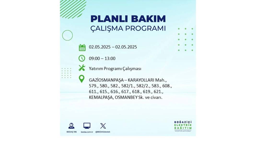 SAATLERCE ELEKTRİK OLMAYACAK: 2 Mayıs Cuma İstanbul elektrik kesintisi. BEDAŞ o ilçeleri sıraladı 19