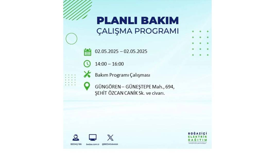 SAATLERCE ELEKTRİK OLMAYACAK: 2 Mayıs Cuma İstanbul elektrik kesintisi. BEDAŞ o ilçeleri sıraladı 20
