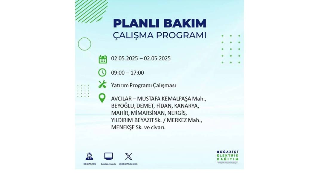SAATLERCE ELEKTRİK OLMAYACAK: 2 Mayıs Cuma İstanbul elektrik kesintisi. BEDAŞ o ilçeleri sıraladı 89