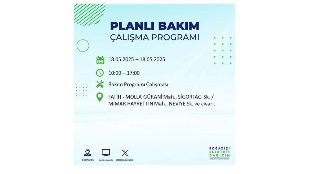 PAZAR GÜNÜ O İLÇELERDE ELEKTRİK OLMAYACAK: BEDAŞ 18 Mayıs Pazar günü elektrik kesintisi yaşayacak ilçeleri sıraladı! 5
