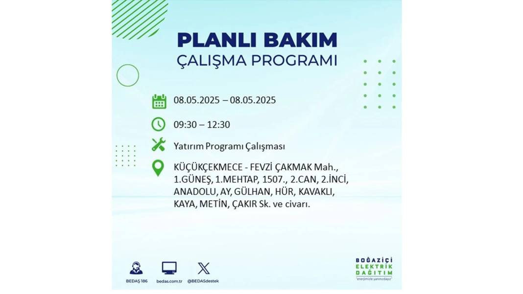 BÜYÜK ELEKTRİK KESİNTİSİ YAŞANACAK: 8 Mayıs Perşembe İstanbul elektrik kesintisi. BEDAŞ o ilçeleri uyardı! 20