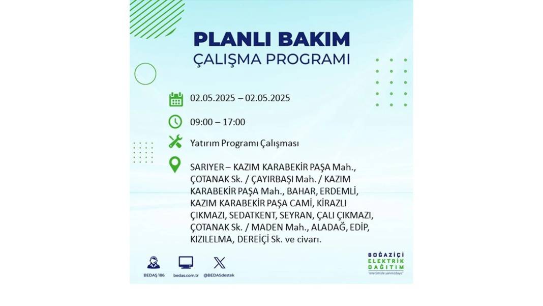 SAATLERCE ELEKTRİK OLMAYACAK: 2 Mayıs Cuma İstanbul elektrik kesintisi. BEDAŞ o ilçeleri sıraladı 14