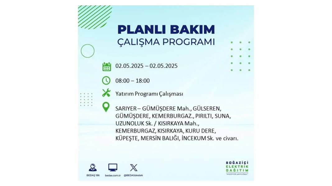 SAATLERCE ELEKTRİK OLMAYACAK: 2 Mayıs Cuma İstanbul elektrik kesintisi. BEDAŞ o ilçeleri sıraladı 11