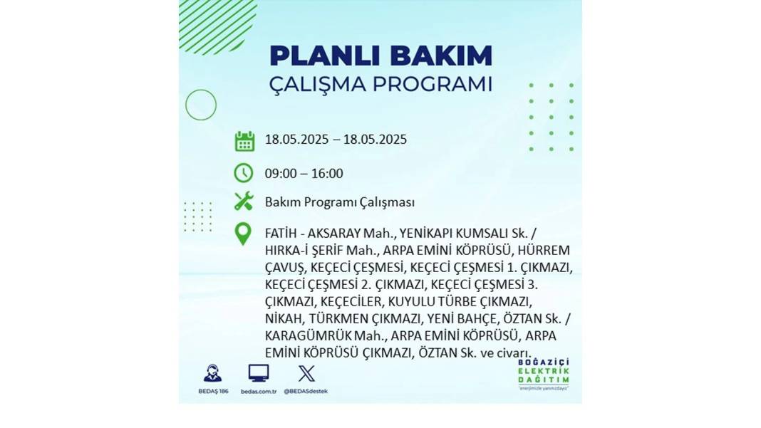 PAZAR GÜNÜ O İLÇELERDE ELEKTRİK OLMAYACAK: BEDAŞ 18 Mayıs Pazar günü elektrik kesintisi yaşayacak ilçeleri sıraladı! 3