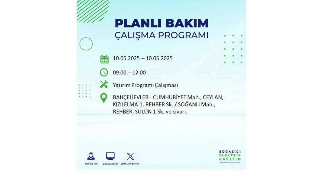 SAATLERCE ELEKTRİK OLMAYACAK: BEDAŞ 10 Mayıs Cumartesi günü elektrik kesintisi yaşayacak ilçeleri sıraladı 25