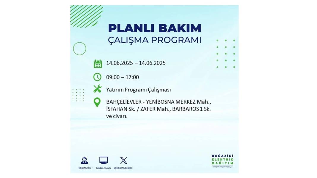 O İLÇELERDE ELEKTRİK OLMAYACAK: BEDAŞ 14 Haziran Cumartesi günü elektrik kesintisi yaşayacak ilçeleri duyurdu! 42