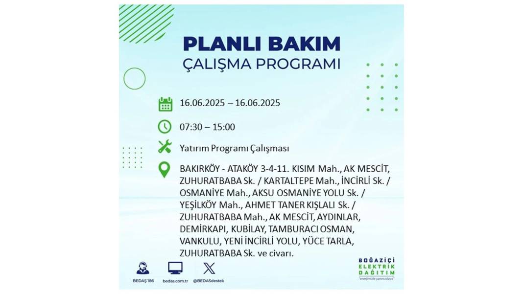 SAATLERCE ELEKTRİK OLMAYACAK: BEDAŞ 16 Haziran Pazartesi elektrik kesintisi yaşayacak ilçeleri sıraladı! 63