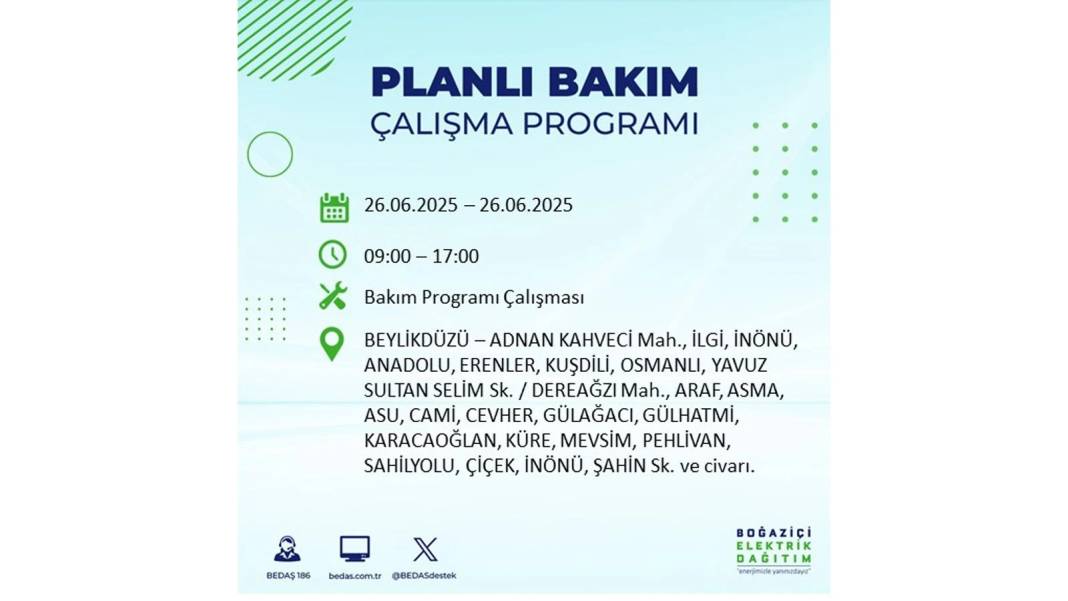 BÜYÜK ELEKTRİK KESİNTİSİ YAŞANACAK: BEDAŞ 26 Haziran Perşembe günü için o ilçeleri uyardı! 35