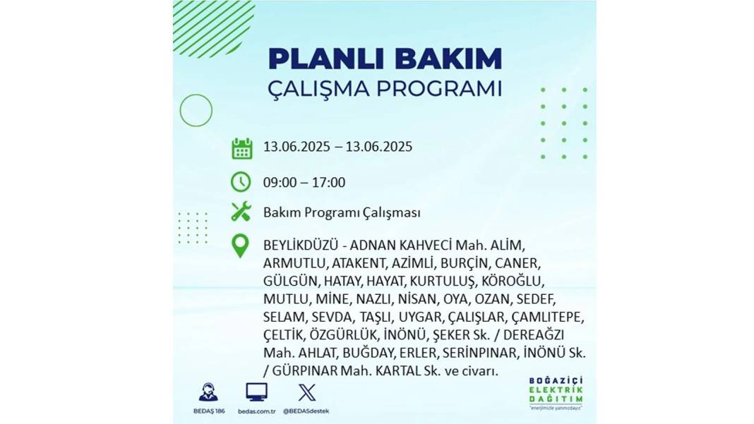ELEKTRİKLER SAATLERCE OLMAYACAK: BEDAŞ 13 Haziran Cuma elektrik kesintisi yaşayacak ilçeleri sıraladı! 39