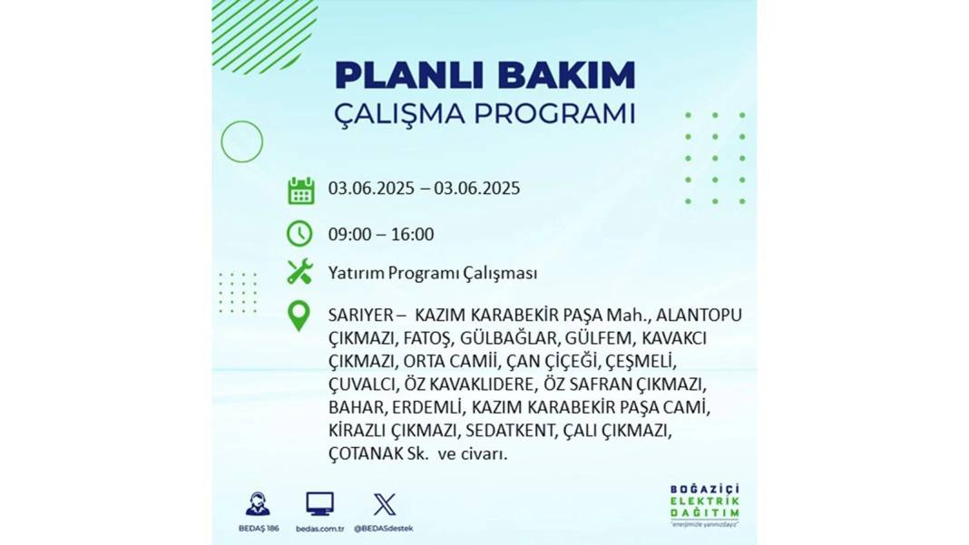 BÜYÜK ELEKTRİK KESİNTİSİ YAŞANACAK: BEDAŞ 3 Haziran elektrik kesintisi yaşayacak ilçeleri uyardı. Elektrikler ne zaman gelecek? 35