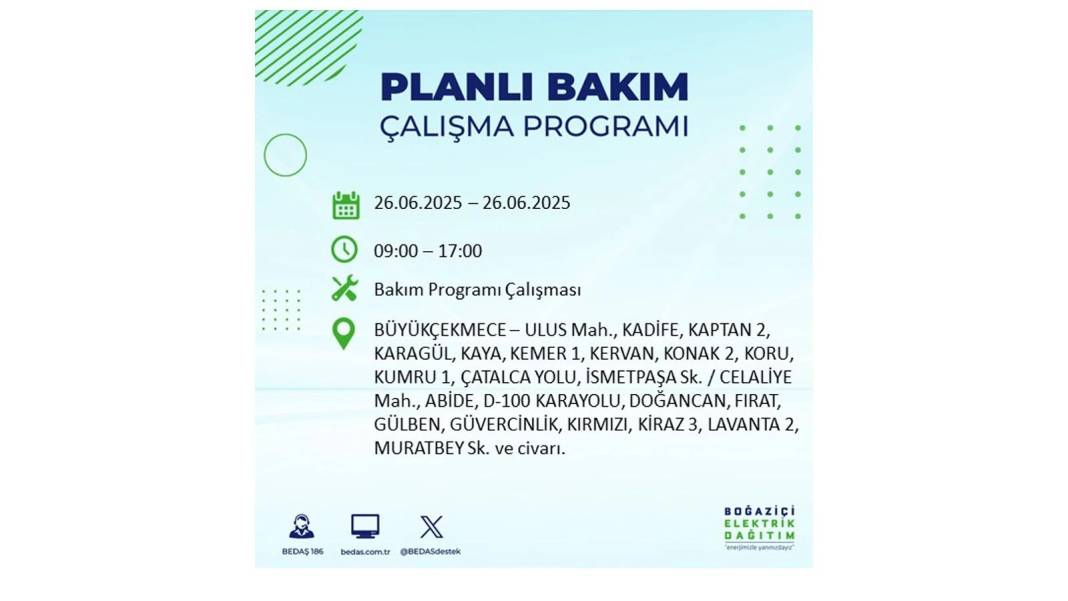 BÜYÜK ELEKTRİK KESİNTİSİ YAŞANACAK: BEDAŞ 26 Haziran Perşembe günü için o ilçeleri uyardı! 33