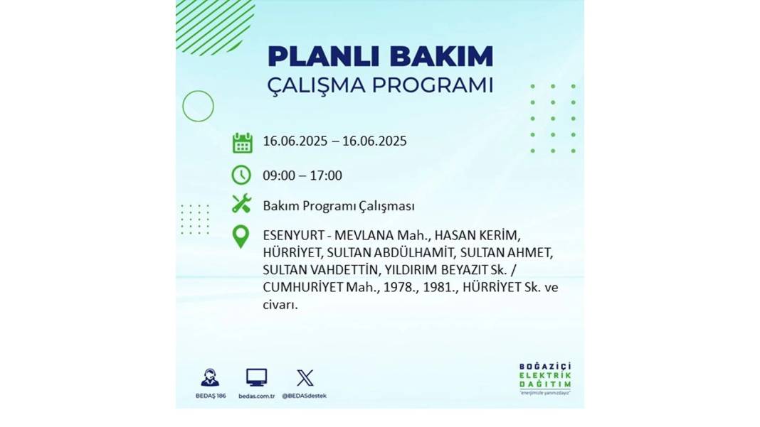 SAATLERCE ELEKTRİK OLMAYACAK: BEDAŞ 16 Haziran Pazartesi elektrik kesintisi yaşayacak ilçeleri sıraladı! 54