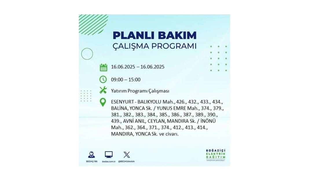 SAATLERCE ELEKTRİK OLMAYACAK: BEDAŞ 16 Haziran Pazartesi elektrik kesintisi yaşayacak ilçeleri sıraladı! 53