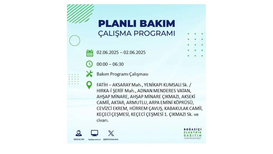 BÜYÜK KESİNTİ YAŞANACAK: BEDAŞ 2 Haziran Pazartesi günü elektrik kesintisi yaşayacak ilçeleri sıraladı 25