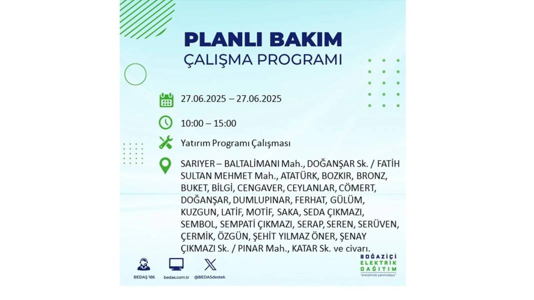 SAATLERCE ELEKTRİK OLMAYACAK: BEDAŞ 27 Haziran Cuma elektrik kesintisi yaşayacak ilçeleri sıraladı! 6