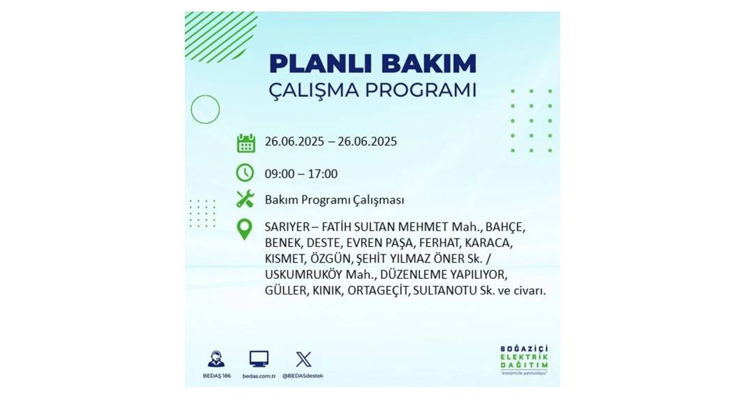 BÜYÜK ELEKTRİK KESİNTİSİ YAŞANACAK: BEDAŞ 26 Haziran Perşembe günü için o ilçeleri uyardı! 11