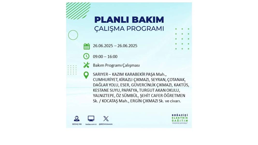 BÜYÜK ELEKTRİK KESİNTİSİ YAŞANACAK: BEDAŞ 26 Haziran Perşembe günü için o ilçeleri uyardı! 10