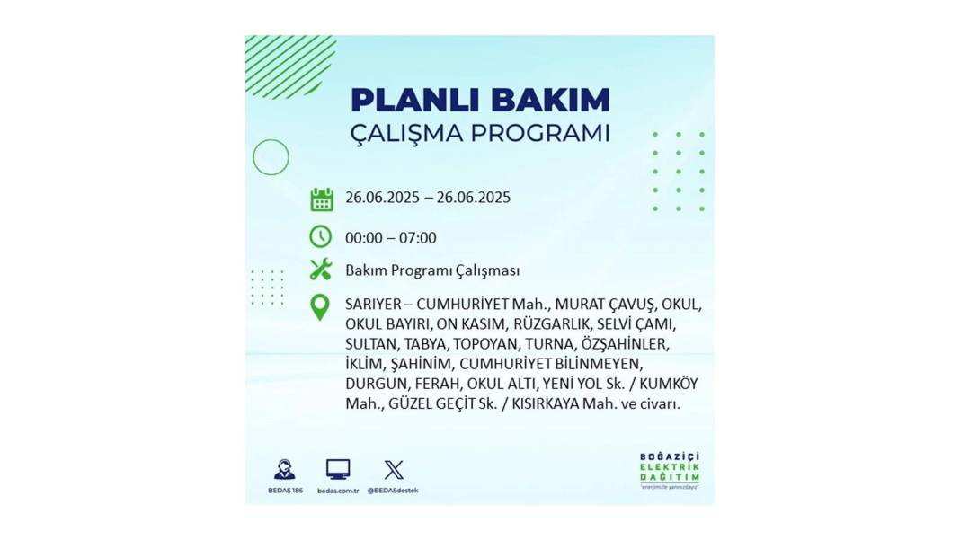 BÜYÜK ELEKTRİK KESİNTİSİ YAŞANACAK: BEDAŞ 26 Haziran Perşembe günü için o ilçeleri uyardı! 9