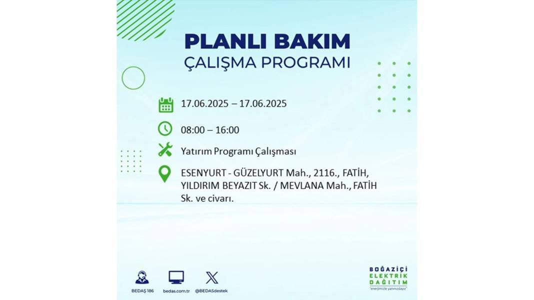 SAATLERCE ELEKTRİK OLMAYACAK: BEDAŞ 17 Haziran Salı elektrik kesintisi yaşayacak ilçeleri sıraladı! 36