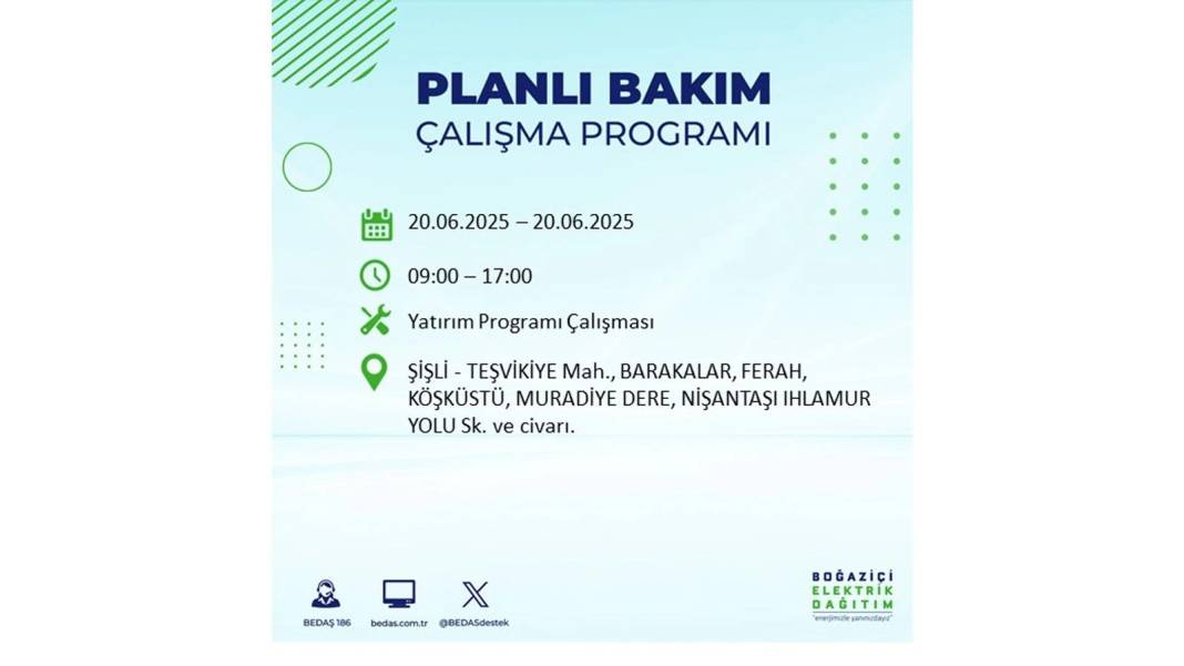 BÜYÜK KESİNTİ YAŞANACAK: BEDAŞ 20 Haziran Cuma elektrik kesintisi yaşayacak ilçeleri sıraladı. Elektrikler ne zaman gelecek? 3