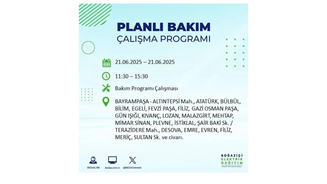 O İLÇELERDE ELEKTRİK OLMAYACAK: BEDAŞ 21 Haziran elektrik kesintisi yaşayacak ilçeleri sıraladı. Elektrikler ne zaman gelecek? 6