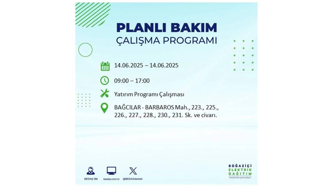 O İLÇELERDE ELEKTRİK OLMAYACAK: BEDAŞ 14 Haziran Cumartesi günü elektrik kesintisi yaşayacak ilçeleri duyurdu! 51