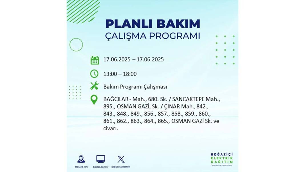 SAATLERCE ELEKTRİK OLMAYACAK: BEDAŞ 17 Haziran Salı elektrik kesintisi yaşayacak ilçeleri sıraladı! 13