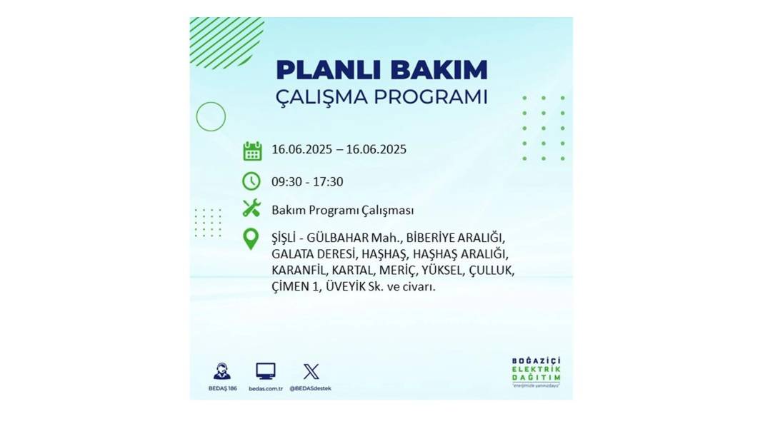 SAATLERCE ELEKTRİK OLMAYACAK: BEDAŞ 16 Haziran Pazartesi elektrik kesintisi yaşayacak ilçeleri sıraladı! 7