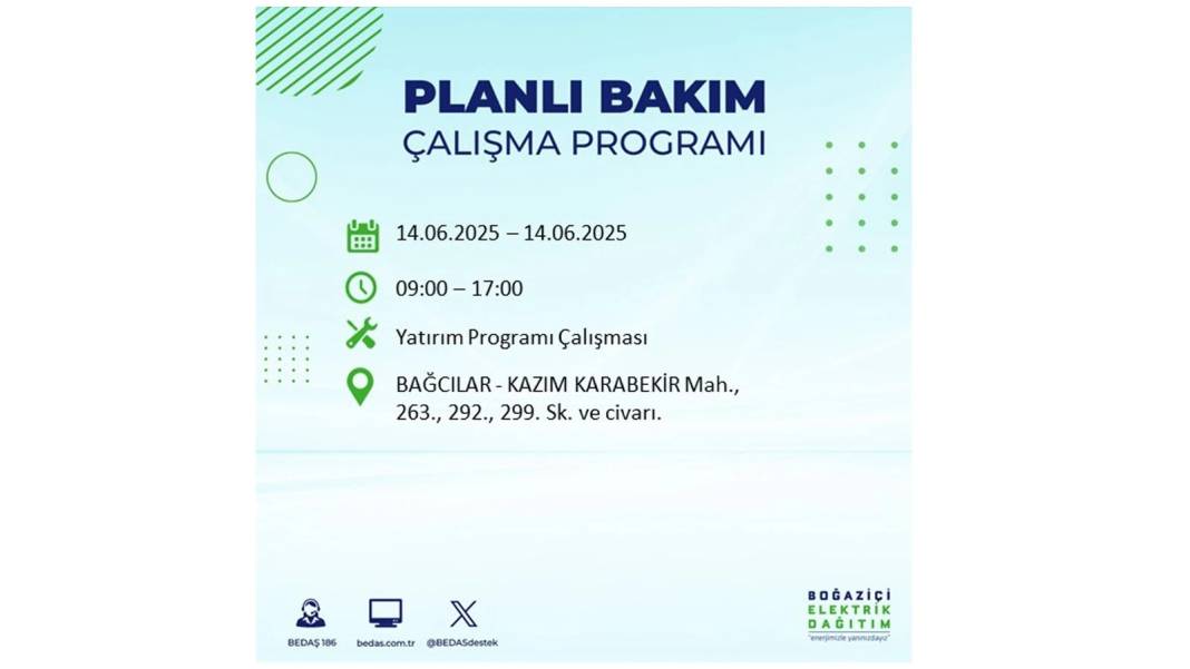 O İLÇELERDE ELEKTRİK OLMAYACAK: BEDAŞ 14 Haziran Cumartesi günü elektrik kesintisi yaşayacak ilçeleri duyurdu! 49