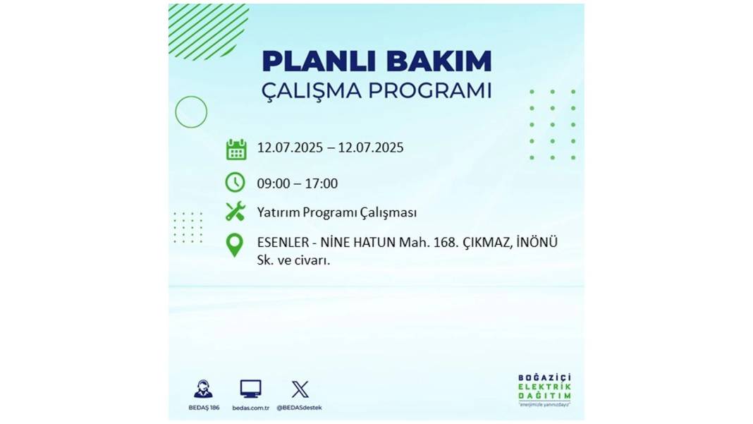 O İLÇELERDE UZUN SÜRE ELEKTRİK OLMAYACAK: BEDAŞ 12 Temmuz elektrik kesintisi yaşayacak ilçeleri sıraladı! 13