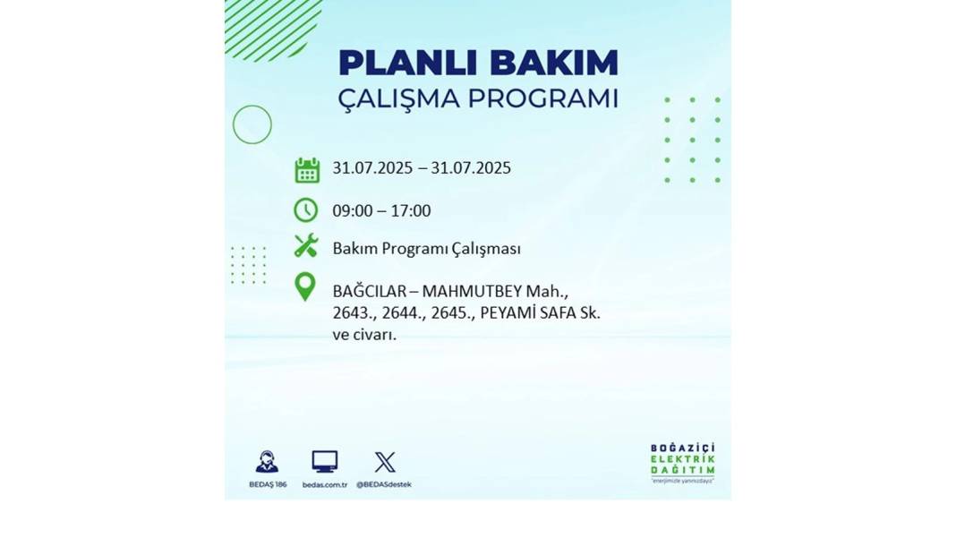 BÜYÜK ELEKTRİK KESİNTİSİ OLACAK: BEDAŞ 31 Temmuz Perşembe elektrik kesintisi yaşayacak ilçeleri sıraladı! 70