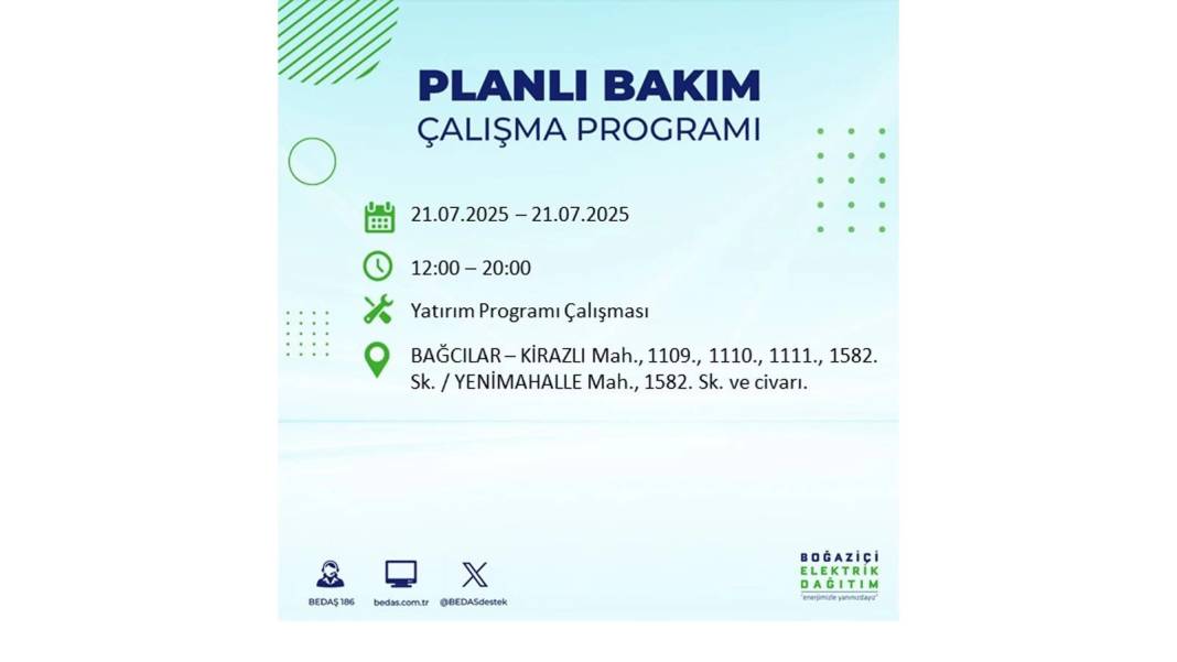 O İLÇLERDE ELEKTRİK OLMAYACAK: BEDAŞ 21 Temmuz Pazartesi elektrik kesintisi yaşayacak ilçeleri sıraladı! 50