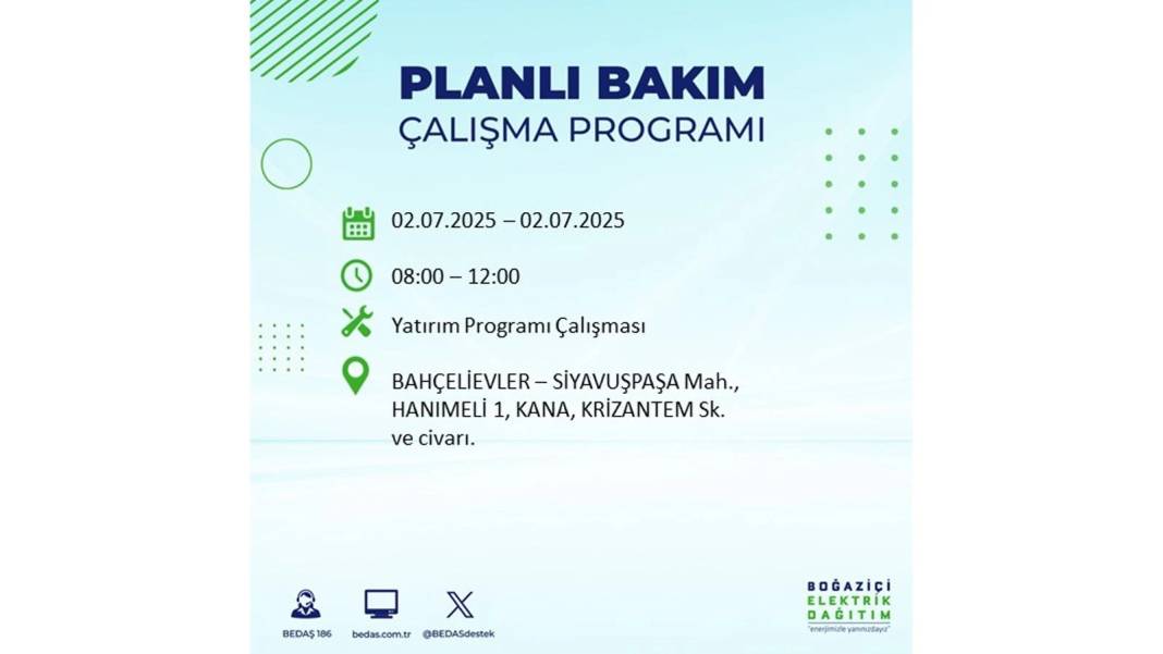 O İLÇELERDE UZUN SÜRE ELEKTRİK OLMAYACAK: BEDAŞ 2 Temmuz Çarşamba elektrik kesintisi yaşayacak ilçeleri sıraladı 72