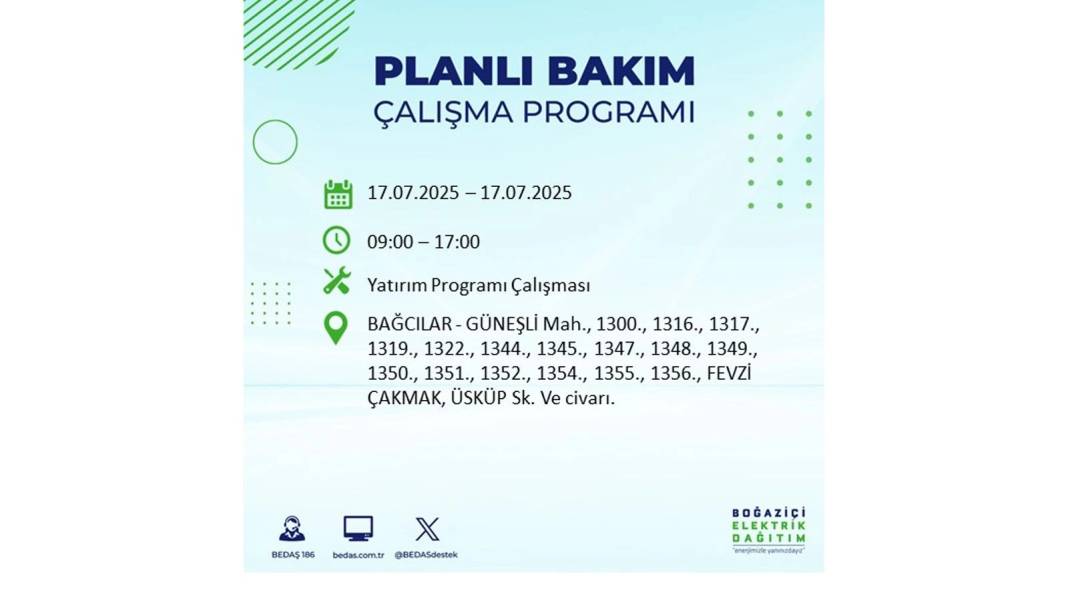 O İLÇELERDE ELEKTRİK OLMAYACAK: BEDAŞ 17 Temmuz Perşembe elektrik kesintisi yaşayacak ilçeleri sıraladı! 78