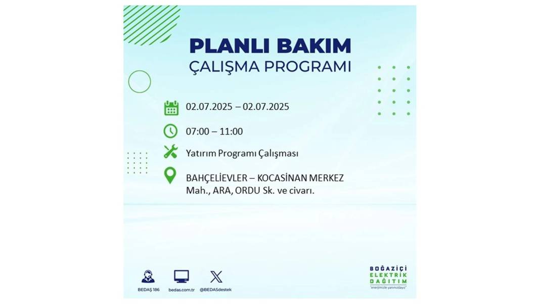 O İLÇELERDE UZUN SÜRE ELEKTRİK OLMAYACAK: BEDAŞ 2 Temmuz Çarşamba elektrik kesintisi yaşayacak ilçeleri sıraladı 70