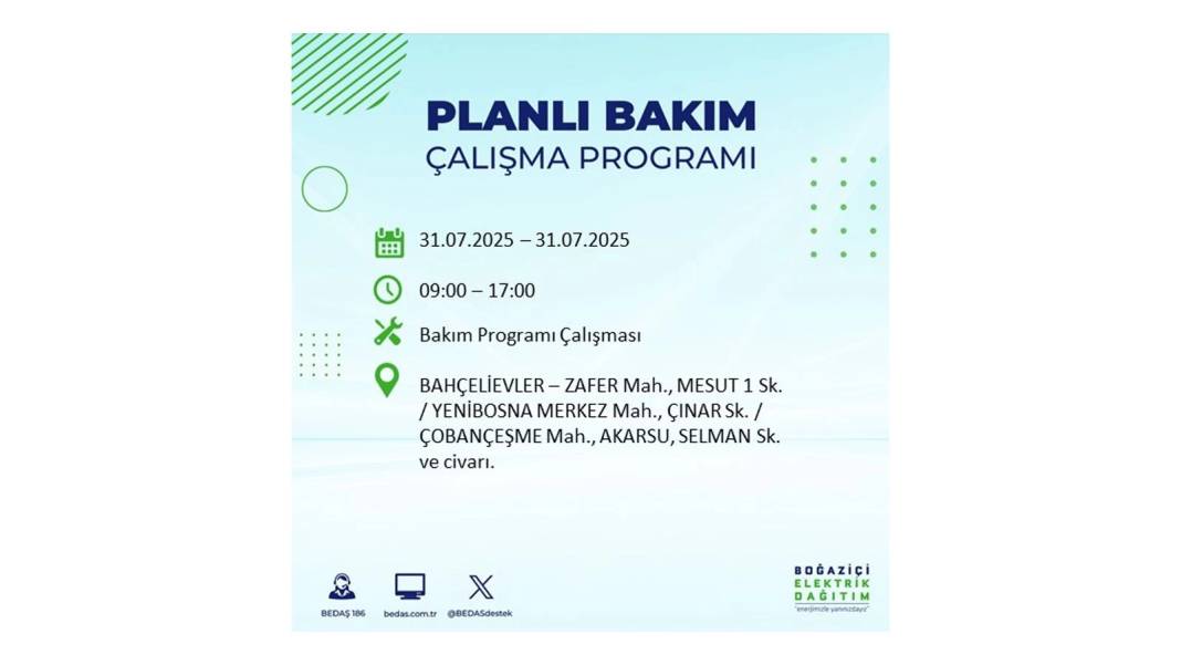 BÜYÜK ELEKTRİK KESİNTİSİ OLACAK: BEDAŞ 31 Temmuz Perşembe elektrik kesintisi yaşayacak ilçeleri sıraladı! 69