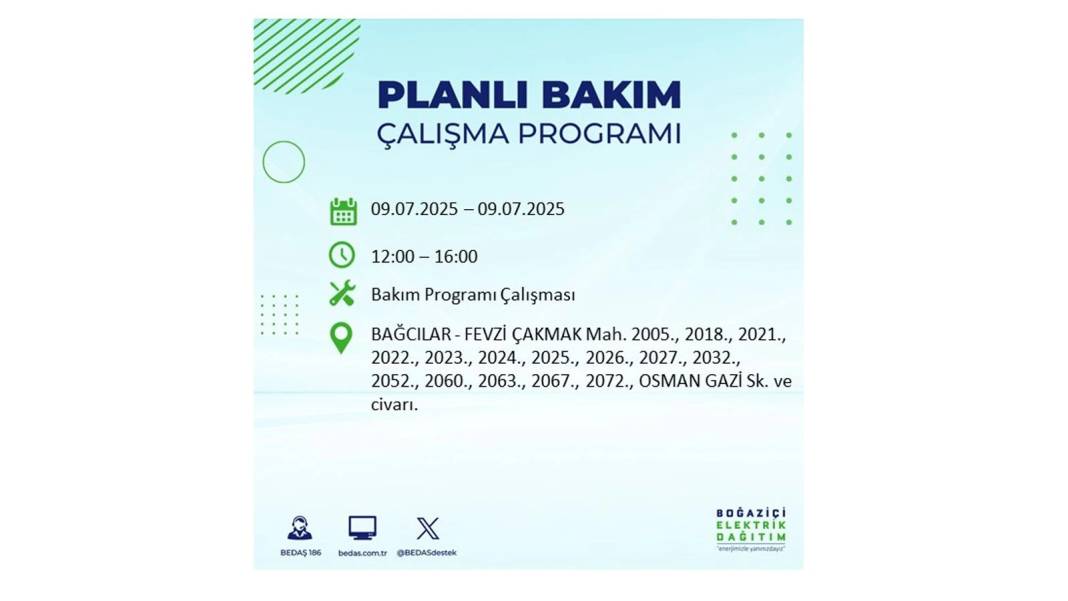 SAATLERCE ELEKTRİK OLMAYACAK: BEDAŞ 9 Temmuz Çarşamba elektrik kesintisi yaşayacak ilçeleri sıraladı! 75