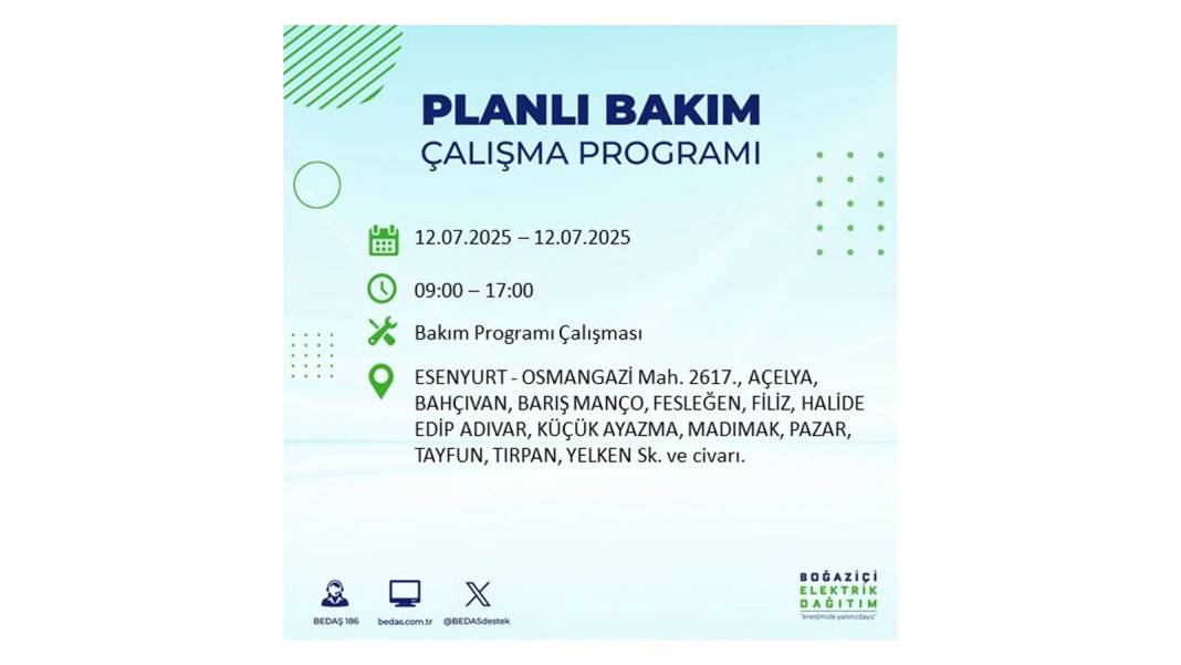 O İLÇELERDE UZUN SÜRE ELEKTRİK OLMAYACAK: BEDAŞ 12 Temmuz elektrik kesintisi yaşayacak ilçeleri sıraladı! 10