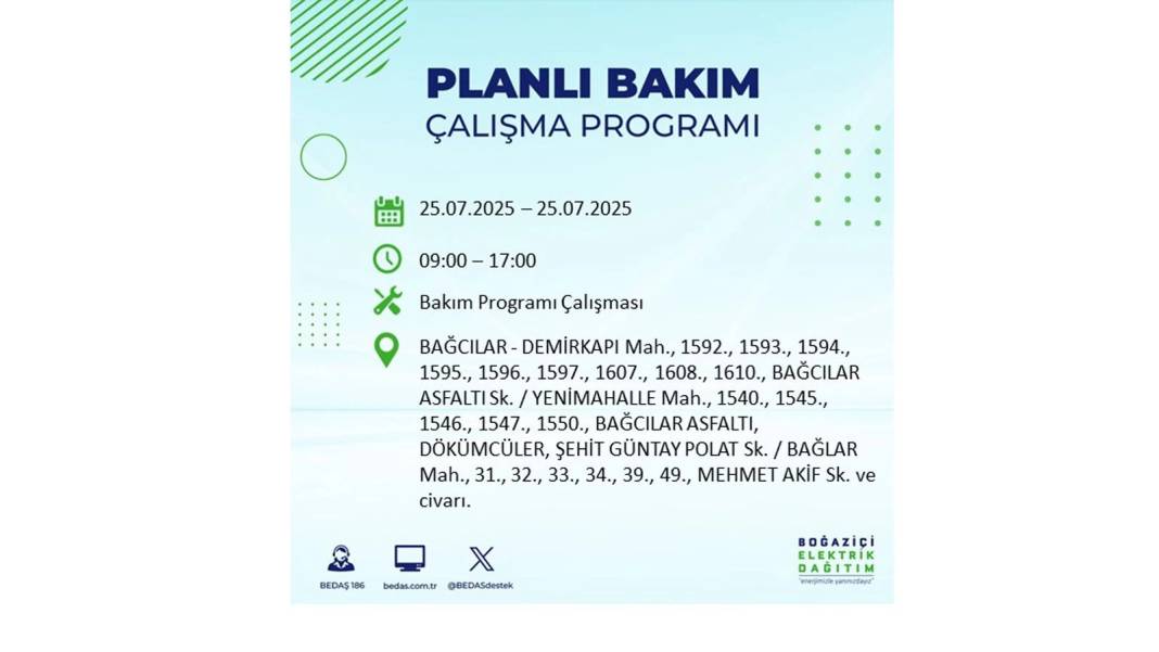 O İLÇELERDE ELEKTRİK OLMAYACAK: BEDAŞ 25 Temmuz Cuma elektrik kesintisi yaşayacak ilçeler belli oldu! 60
