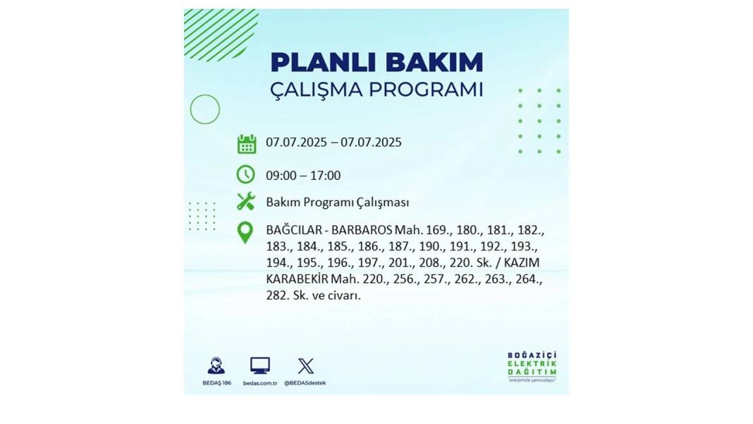 BÜYÜK ELEKTRİK KESİNTİSİ YAŞANACAK: BEDAŞ 7 Temmuz Pazartesi elektrik kesintisi yaşayacak ilçeleri sıraladı! 75