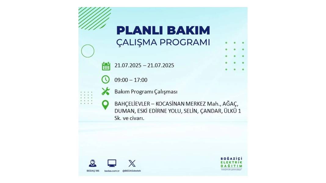 O İLÇLERDE ELEKTRİK OLMAYACAK: BEDAŞ 21 Temmuz Pazartesi elektrik kesintisi yaşayacak ilçeleri sıraladı! 49