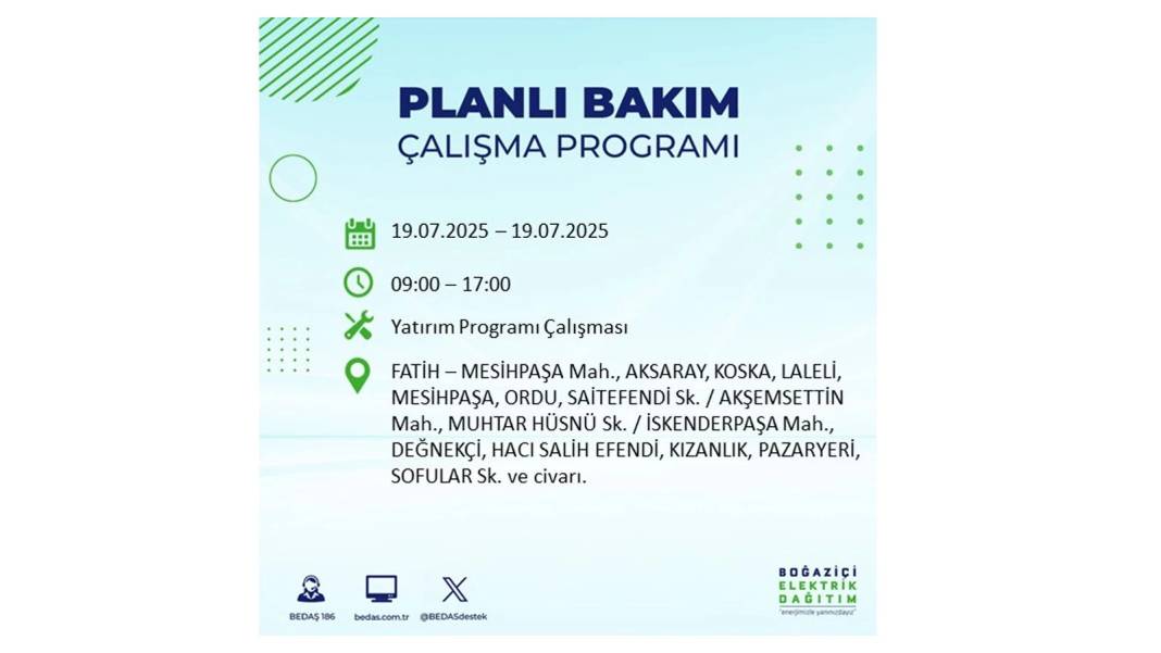 O İLÇELERDE ELEKTRİK OLMAYACAK: BEDAŞ 19 Temmuz Cumartesi elektrik kesintisi yaşayacak ilçeleri sıraladı! 9