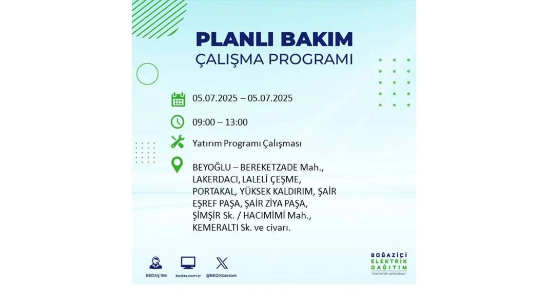 O İLÇELERDE ELEKTRİK OLMAYACAK: BEDAŞ 5 Temmuz Cumartesi elektrik kesintisi yaşayacak ilçeleri duyurdu! 25