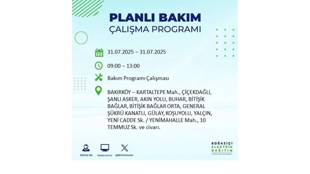 BÜYÜK ELEKTRİK KESİNTİSİ OLACAK: BEDAŞ 31 Temmuz Perşembe elektrik kesintisi yaşayacak ilçeleri sıraladı! 65