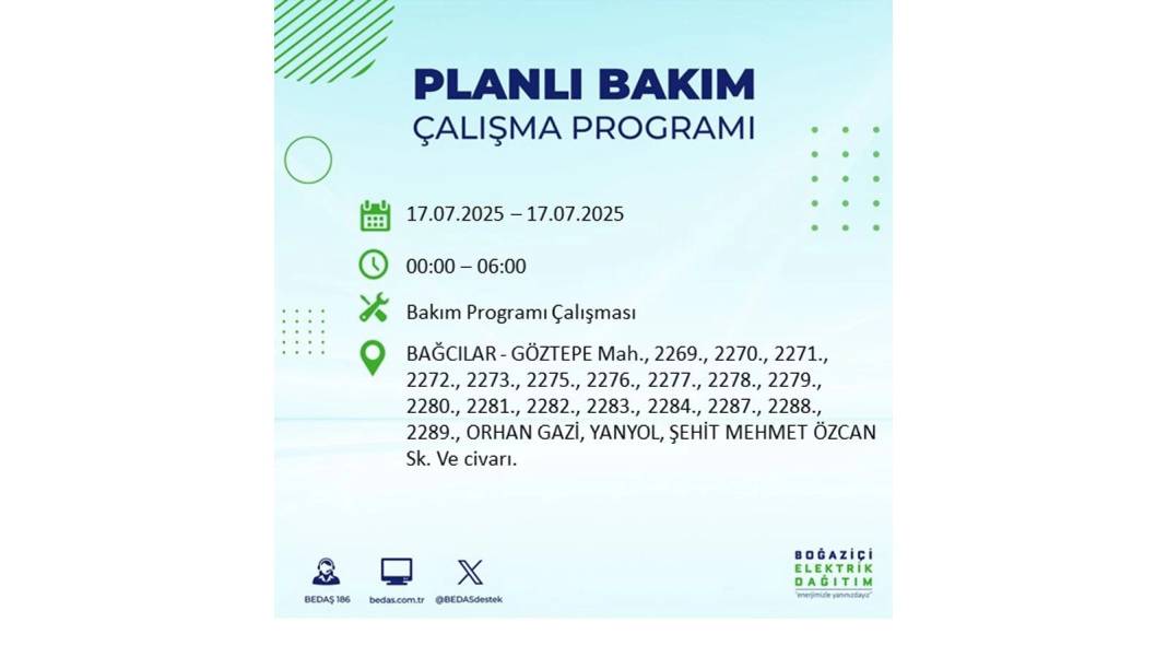 O İLÇELERDE ELEKTRİK OLMAYACAK: BEDAŞ 17 Temmuz Perşembe elektrik kesintisi yaşayacak ilçeleri sıraladı! 74