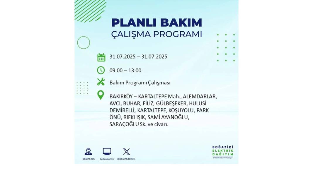 BÜYÜK ELEKTRİK KESİNTİSİ OLACAK: BEDAŞ 31 Temmuz Perşembe elektrik kesintisi yaşayacak ilçeleri sıraladı! 60