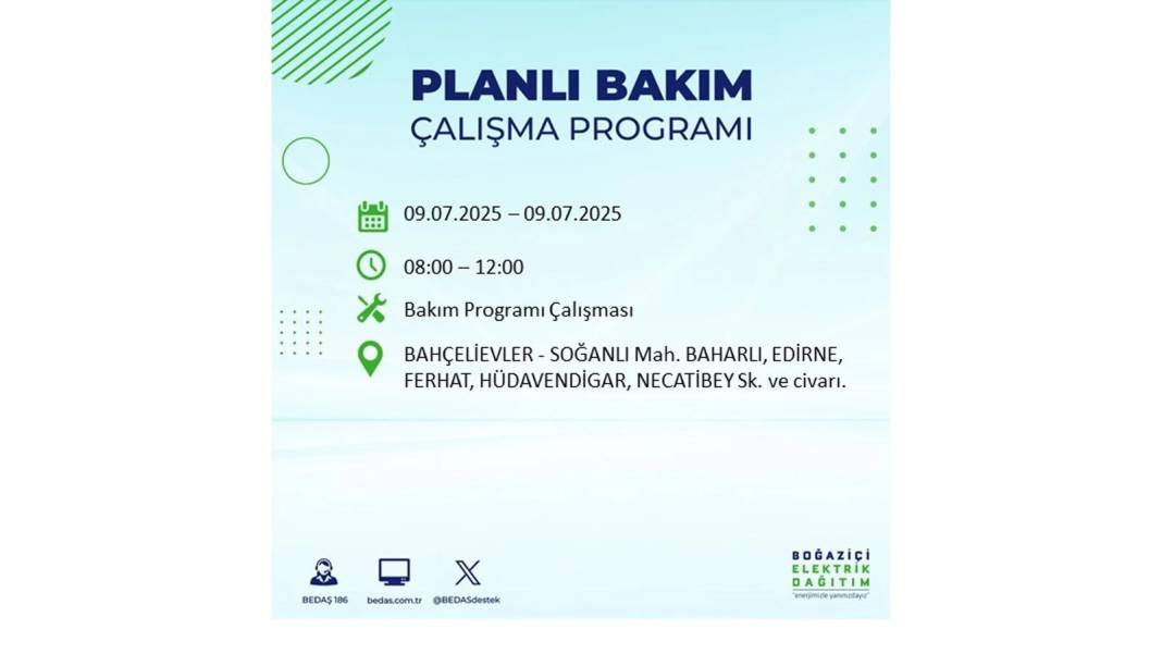 SAATLERCE ELEKTRİK OLMAYACAK: BEDAŞ 9 Temmuz Çarşamba elektrik kesintisi yaşayacak ilçeleri sıraladı! 73