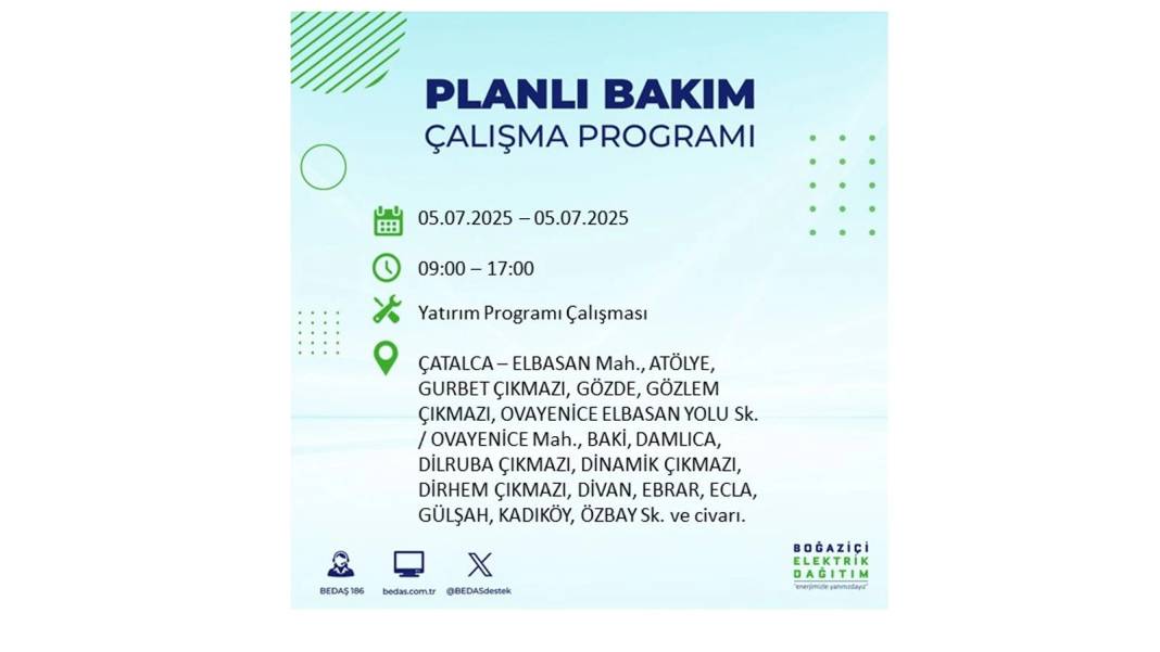 O İLÇELERDE ELEKTRİK OLMAYACAK: BEDAŞ 5 Temmuz Cumartesi elektrik kesintisi yaşayacak ilçeleri duyurdu! 24